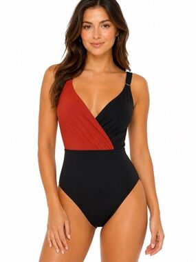 SUNN LAB SWIM One Piece Wrap Black & Rust Orange Bathing Suit Adjustable Straps